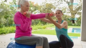 Senior woman exercising at home with a personal trainer in Brampton neighbourhood