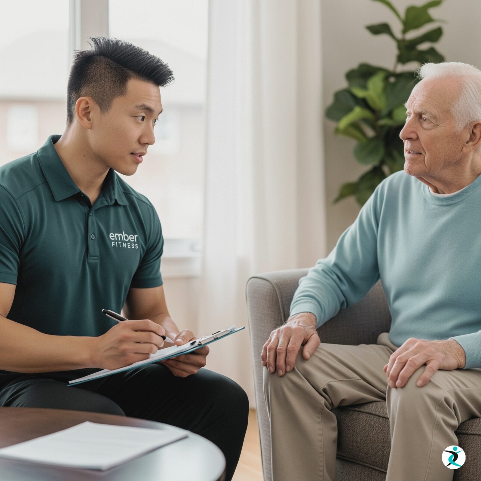 How We Customize Senior Fitness at Home 1 An Ember Fitness trainer attentively listens to a senior client in his Mississauga home while taking notes on a clipboard during a senior fitness assessment.