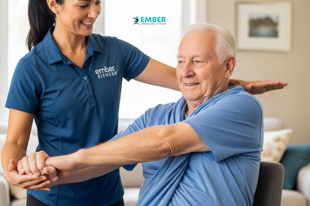A caring Ember Fitness personal trainer gently guides an elderly man through a seated torso twist, ensuring proper form during an in-home session in Brampton.