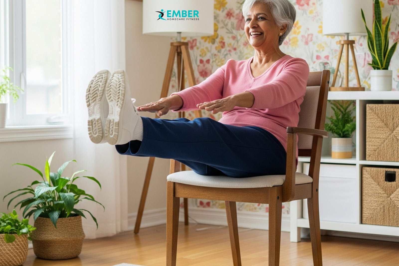 A happy senior woman from Mississauga smiling as she performs a seated leg raises, a key component of effective chair exercises for seniors.