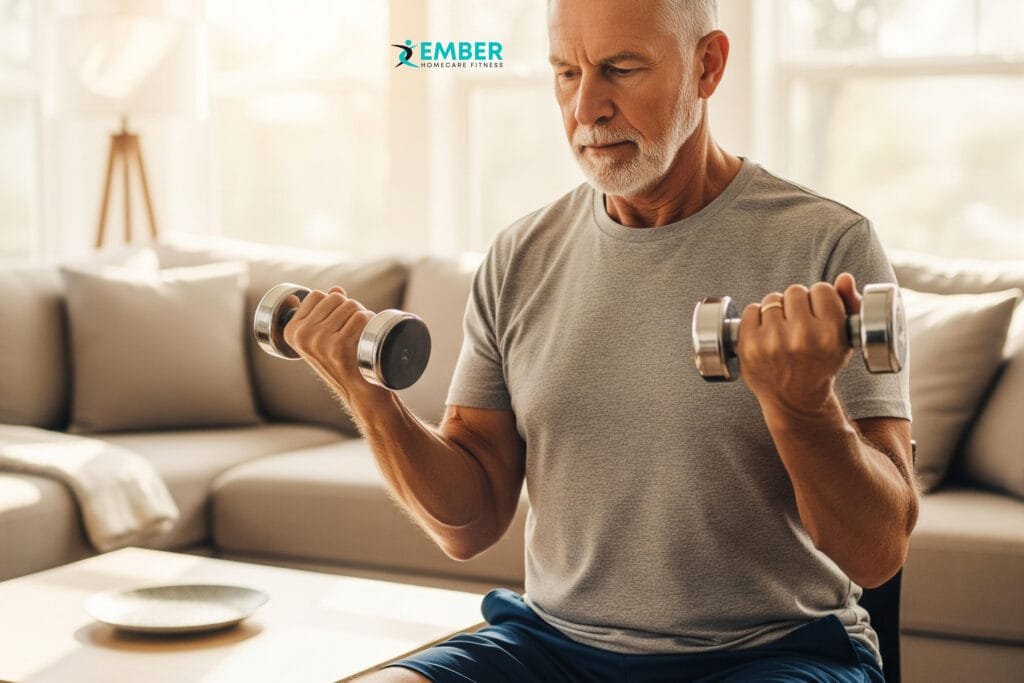A focused senior man performs a bicep curl with dumbbells during an in-home personal training session with Ember Fitness in his living room.