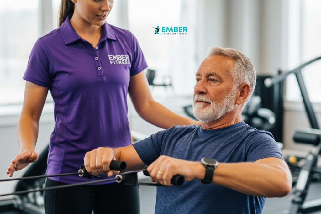 A senior man focuses on strengthening his back with a seated row exercise, receiving expert instruction from his Ember Fitness personal trainer.