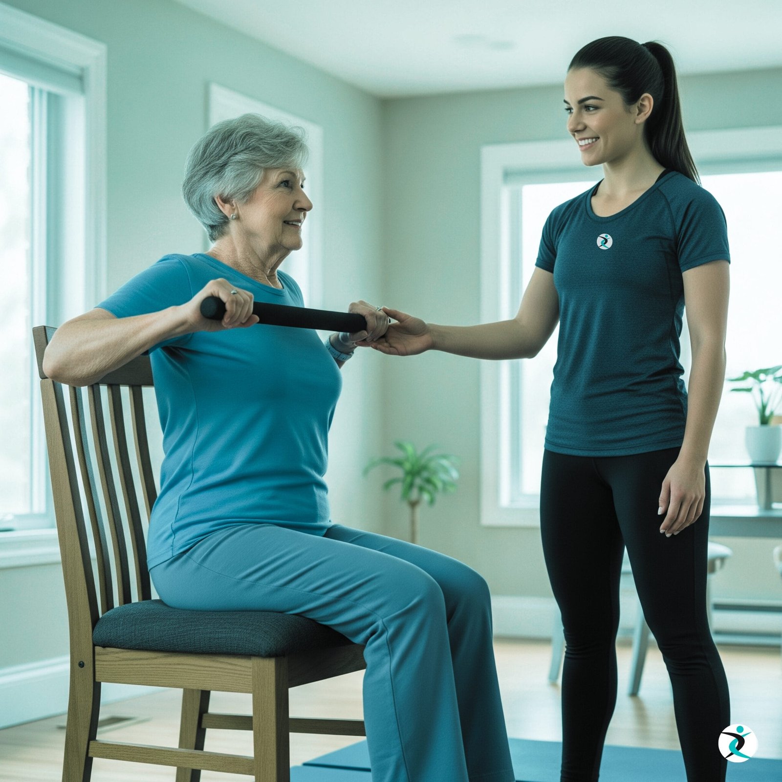 How We Customize Senior Fitness at Home 3 A senior woman in Oakville performs a sit-to-stand exercise from a sturdy chair, while her in-home personal trainer provides guidance and ensures proper form for functional fitness.