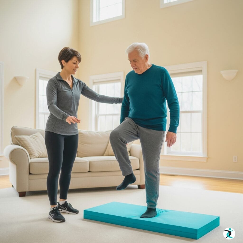 An in-home fitness coach demonstrates a single-leg balance exercise on a foam pad to a senior client, illustrating a progression in their customized fitness plan.