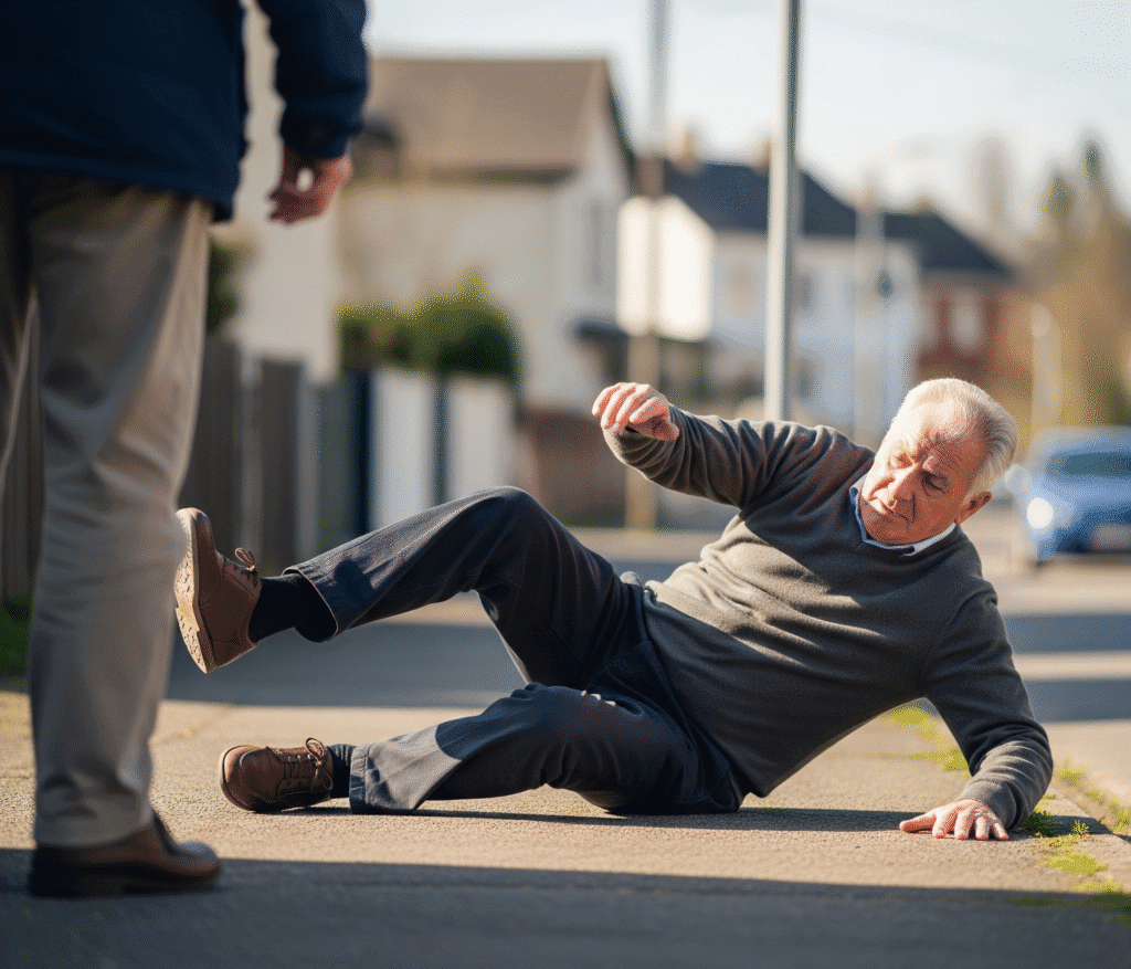 Can Walking Prevent Falls in Seniors at Home? 1 Elderly man falling on the sidewalk due to loss of balance