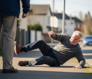 Elderly man falling on the sidewalk due to loss of balance