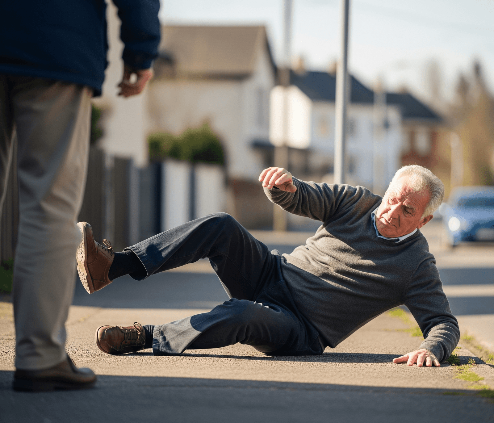 Elderly man falling on the sidewalk due to loss of balance
