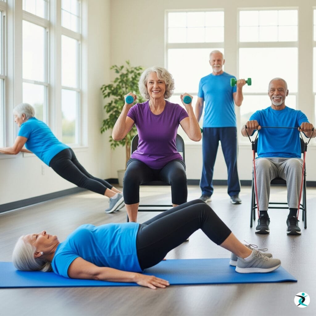 A private personal trainer from Ember Fitness helps a senior client in Mississauga with her form on a seated row, ensuring a safe workout.