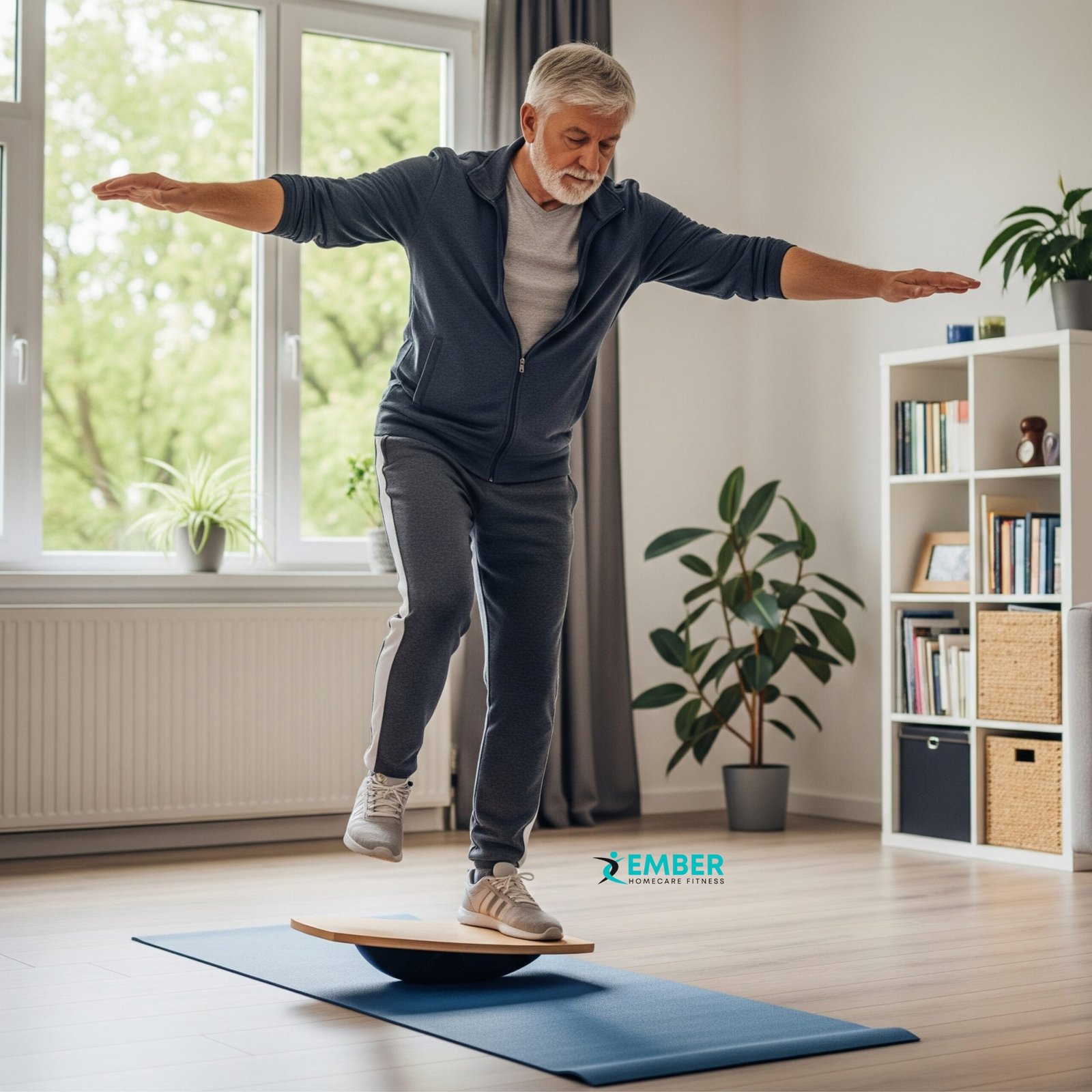 Older adult practicing balance training at home to prevent falls