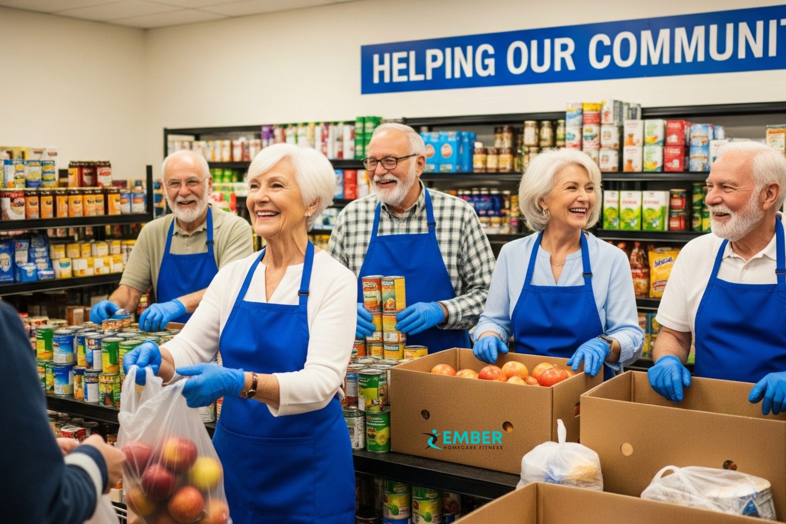 A group of smiling retirees volunteering at a food bank, showcasing a way to build social connections and combat loneliness.