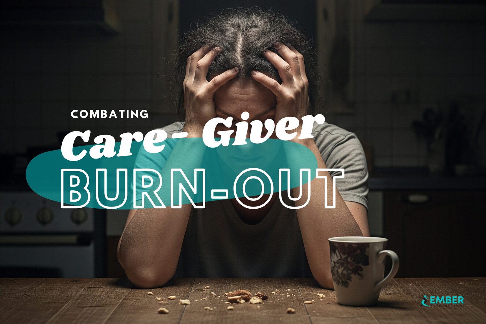 A woman experiencing caregiver burnout symptoms, sitting in a dimly lit kitchen with her head in her hands, looking exhausted and overwhelmed.