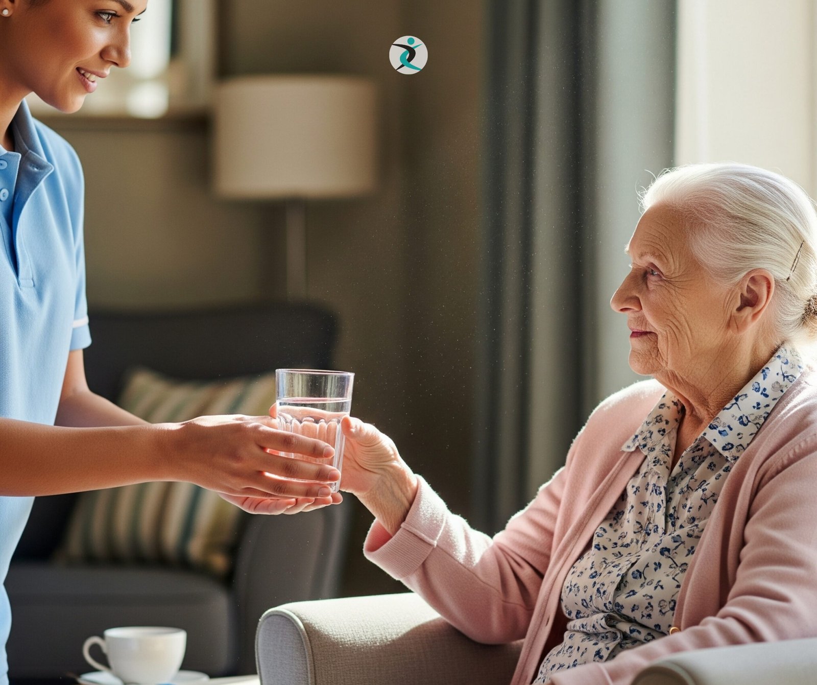 Caregiver handing a glass of water to a senior man