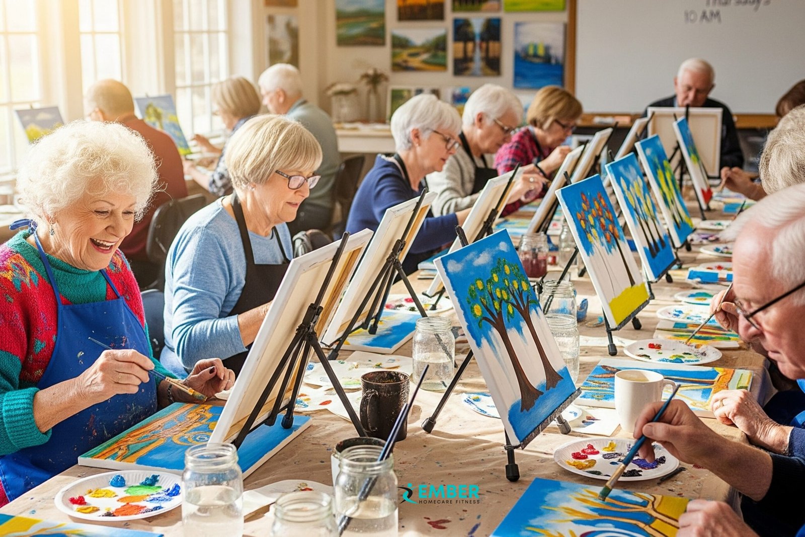 combating loneliness.A group of seniors building social connections by participating in a painting class, a great way to explore personal interests.