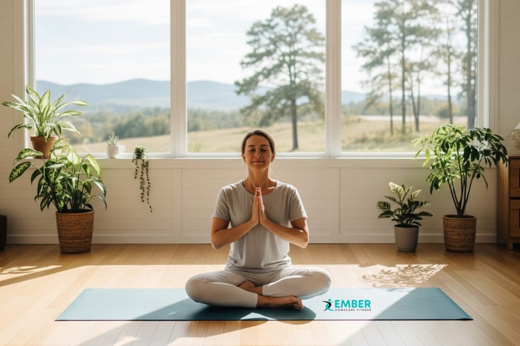 A person finding peace through yoga in a bright, sunlit room, demonstrating a key strategy to combat caregiver burnout symptoms.