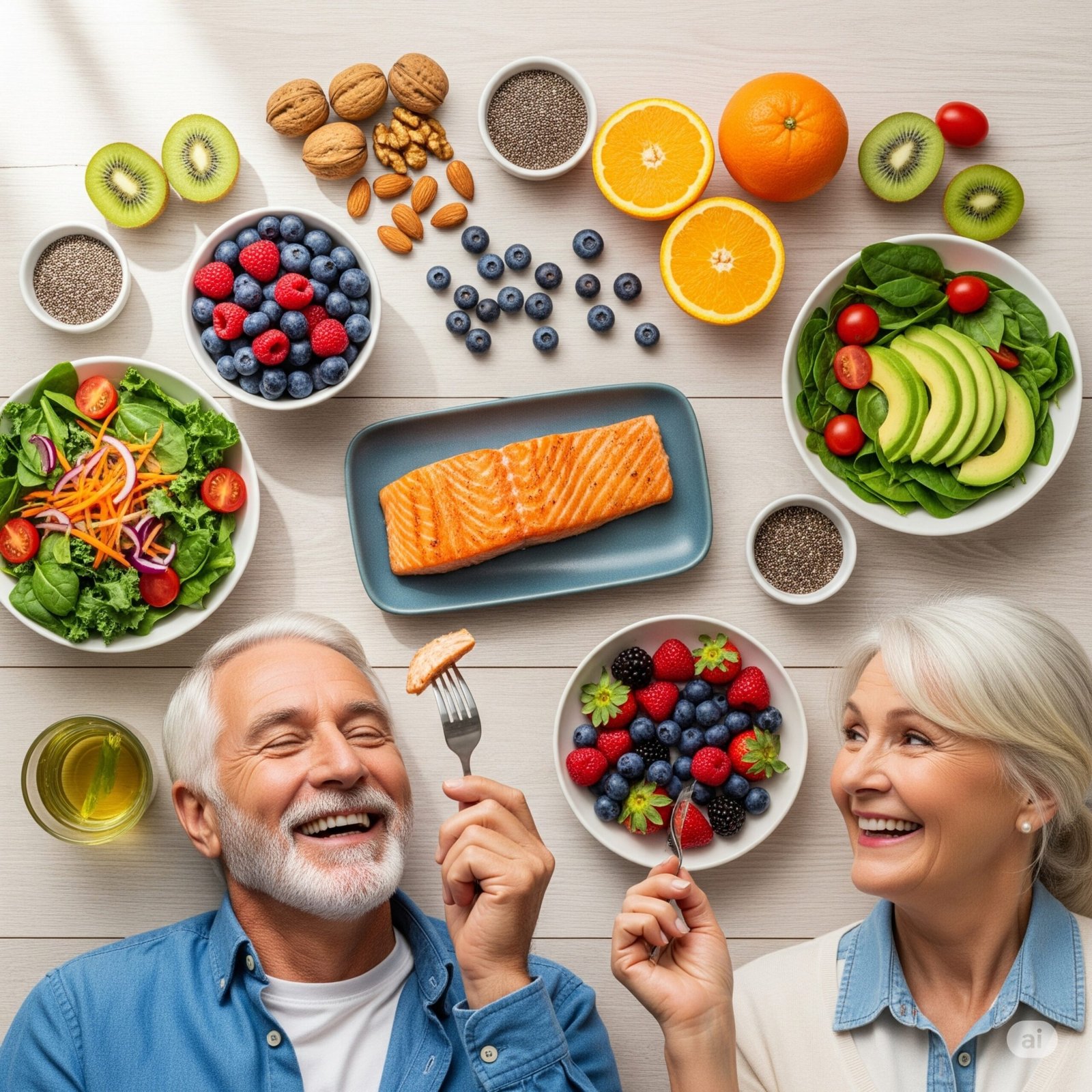 Assorted brain-boosting foods including nuts, berries, and salmon