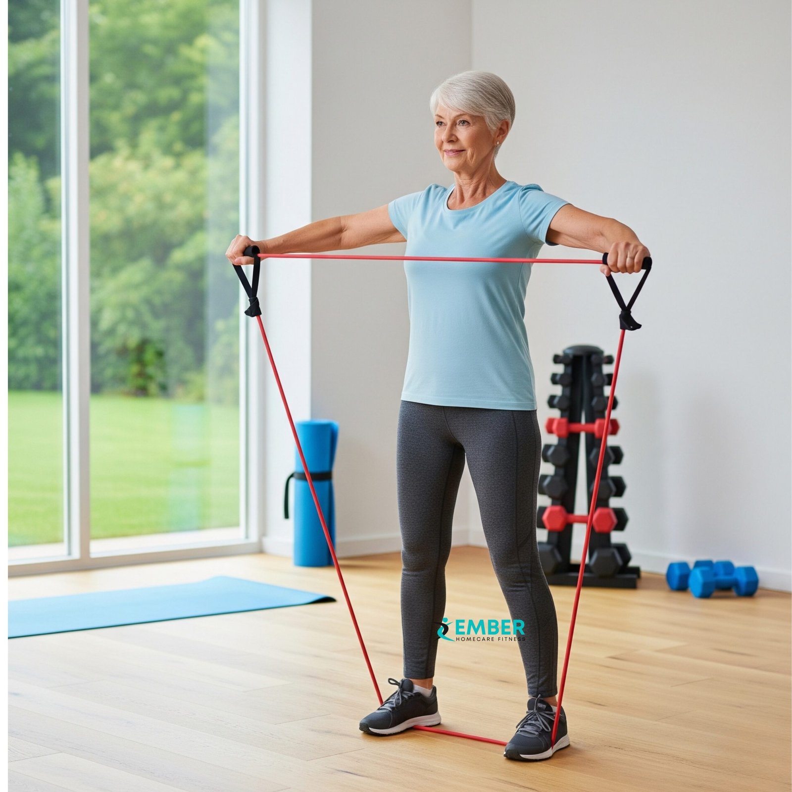 Senior woman using resistance bands to improve bone strength
