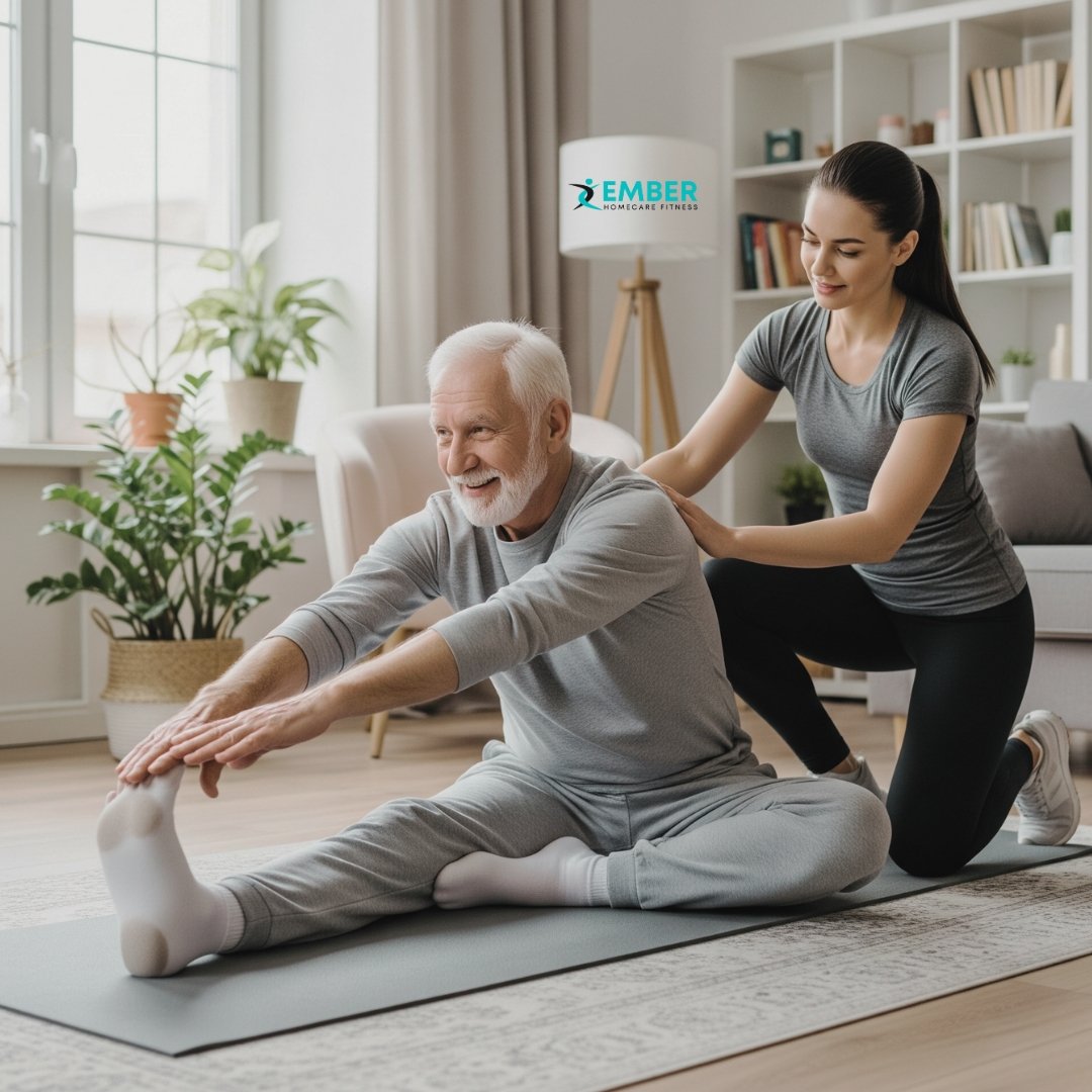 Exercising Safely with Arthritis: A Complete Guide for Seniors 1 Senior woman doing gentle stretching with personal trainer at home for arthritis relief