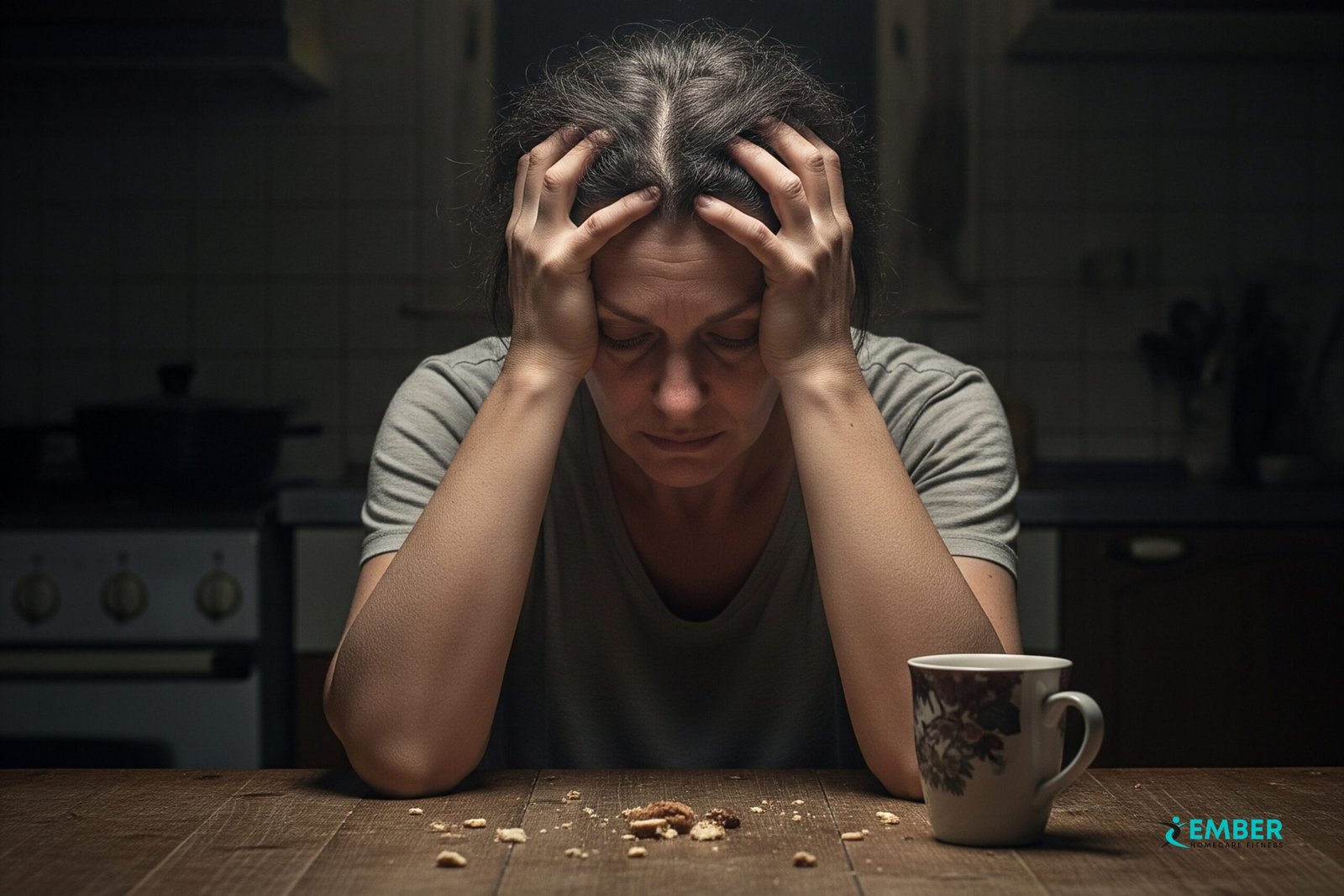 A woman experiencing caregiver burnout symptoms, sitting in a dimly lit kitchen with her head in her hands, looking exhausted and overwhelmed.
