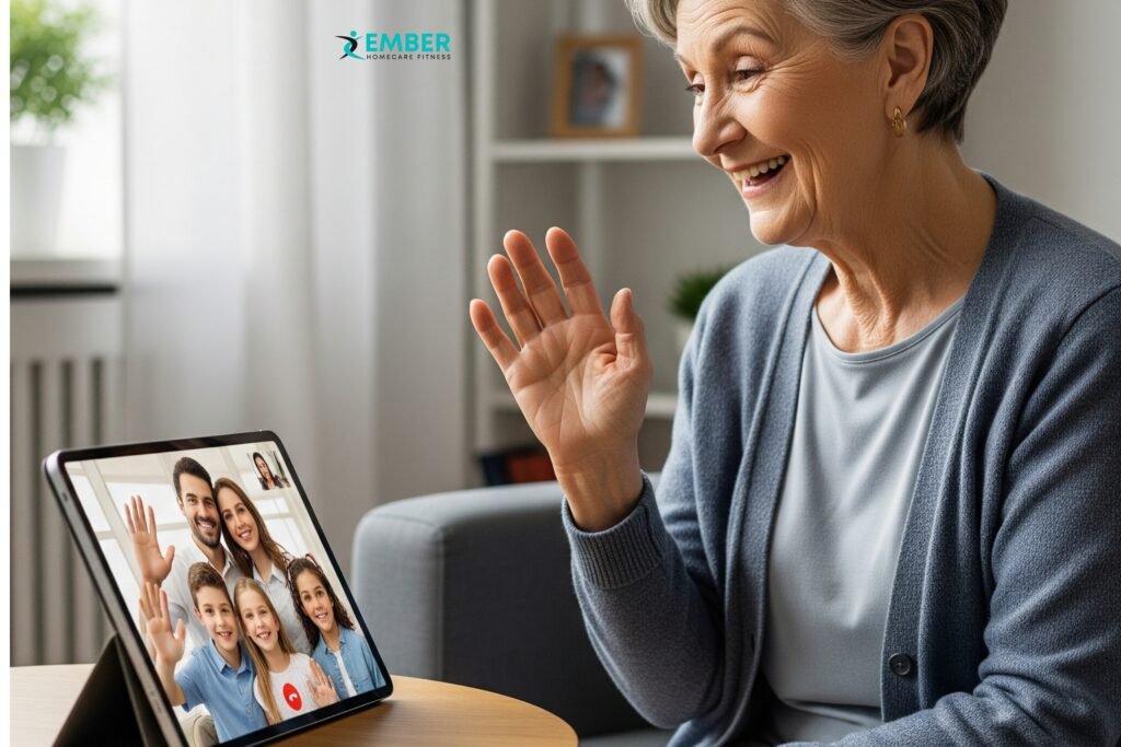 Combating Loneliness: Building Social Connections in Retirement 3 A happy senior using a tablet for a video call with her family, demonstrating how technology helps maintain social connections in retirement.