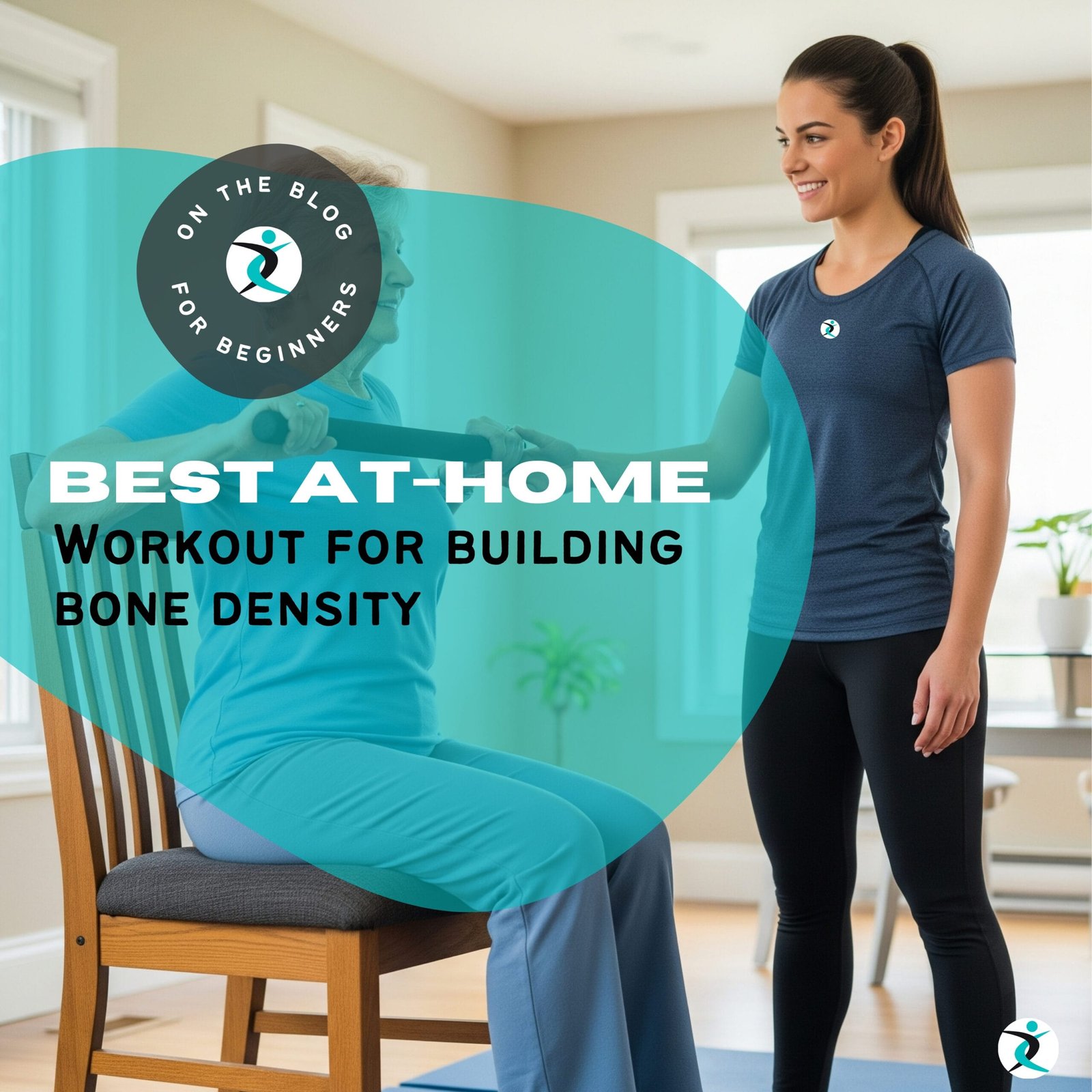 Senior woman doing a seated resistance exercise at home with a personal trainer, improving bone density and strength