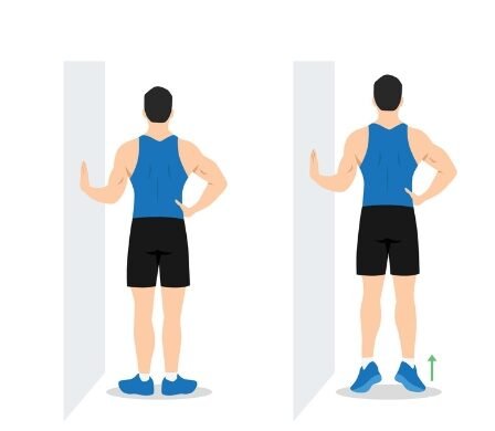 A vector illustration of a person standing, lifting their heels off the ground for a calf raise, while holding onto a chair.