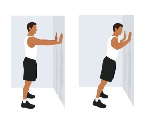 A vector illustration of a person performing a wall push-up, leaning towards the wall with bent elbows.