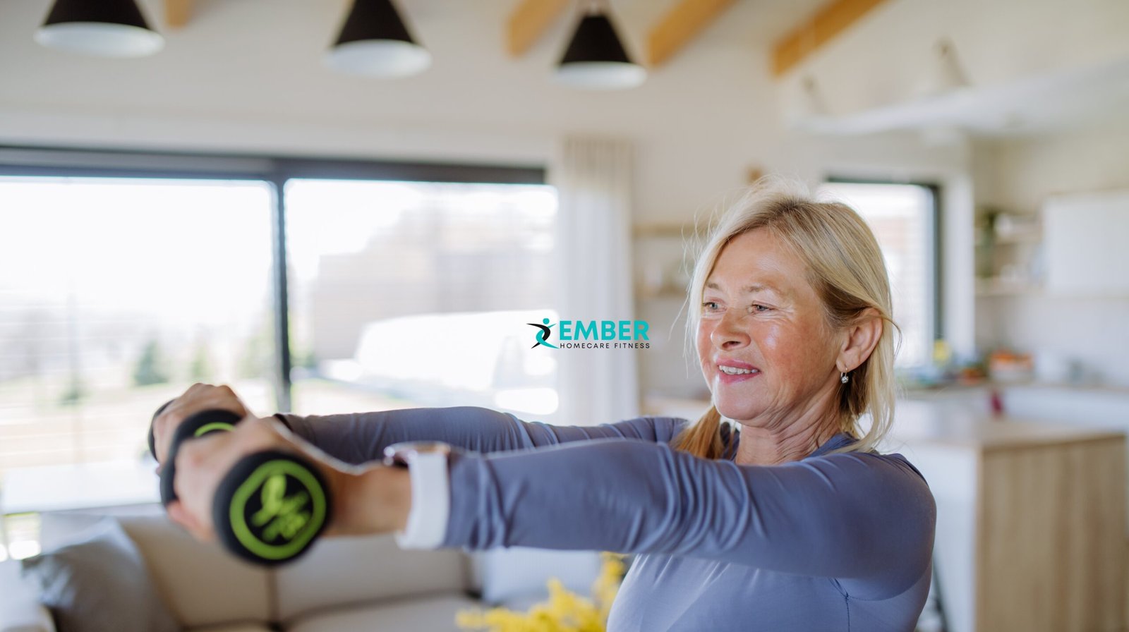 Elderly woman doing light resistance training with personal trainer in Mississauga