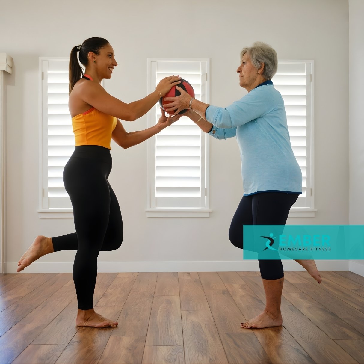 Senior woman exercising safely at home with personal trainer from Ember Fitness in Brampton