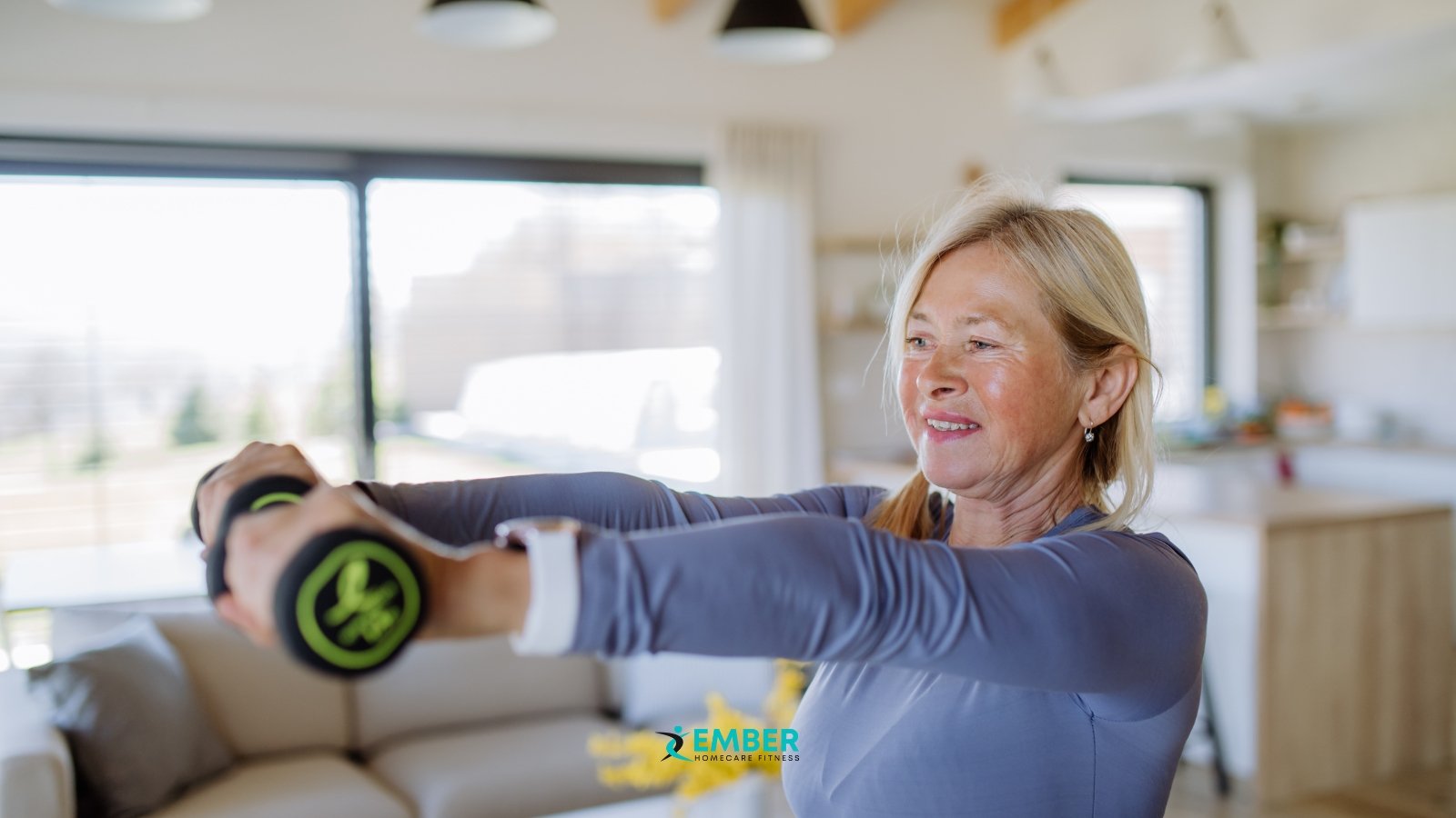 Senior performing dumbbell exercises at home to rebuild muscle and prevent sarcopenia