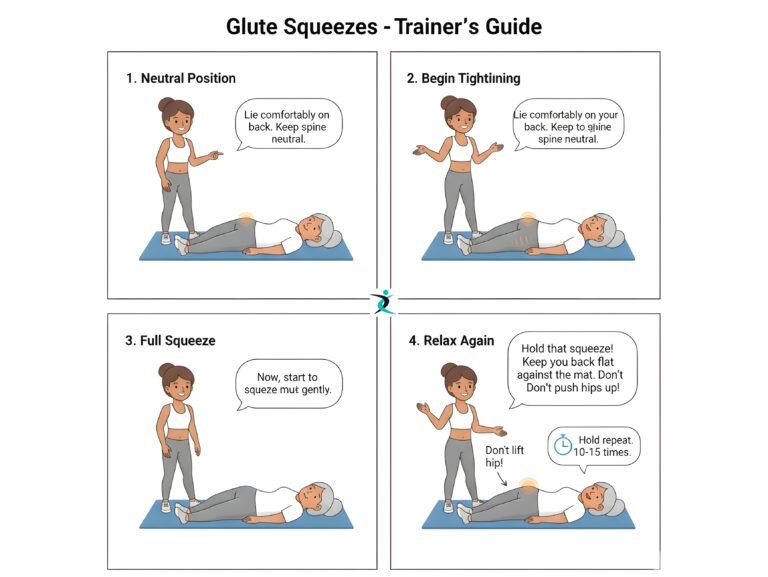 Senior performing gluteal squeeze exercise lying on back, tightening glute muscles while keeping pelvis stable, pre-hip replacement training.