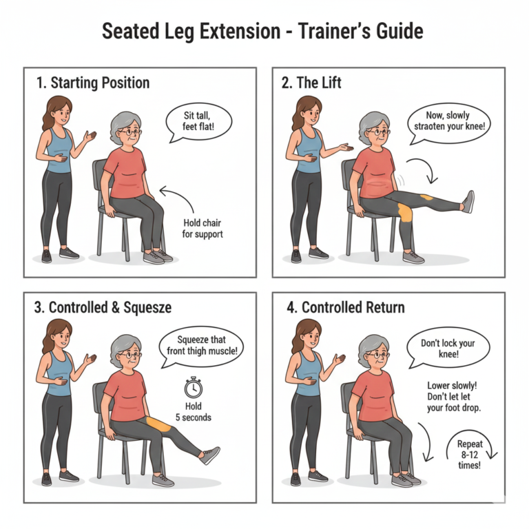 Senior performing leg extension exercise while seated, extending leg to activate thigh muscles for pre-hip replacement preparation.