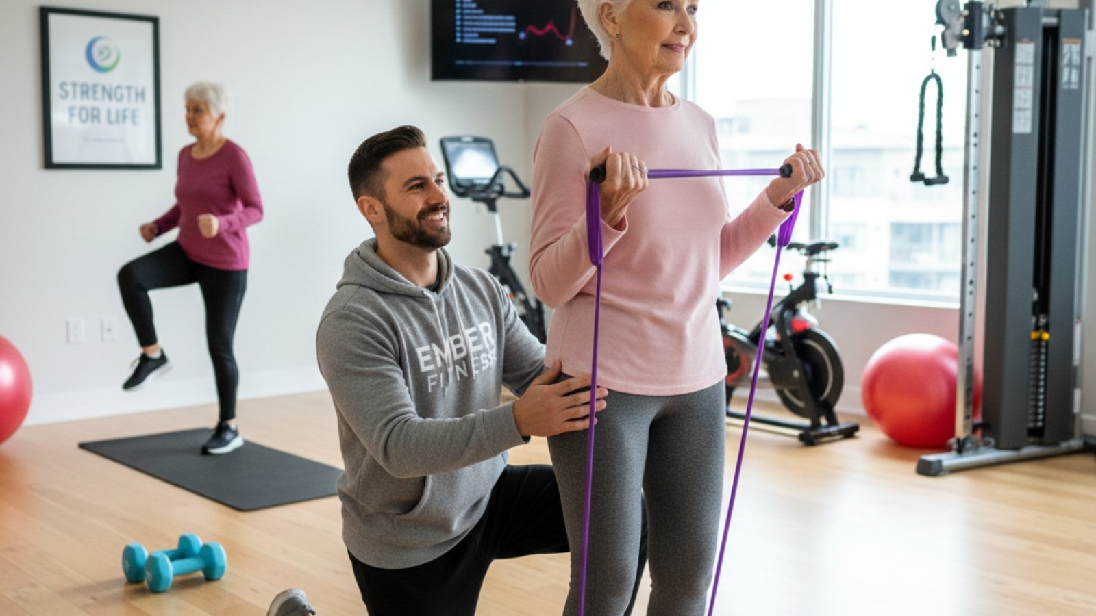 Senior using resistance bands for strength and mobility to prevent sarcopenia