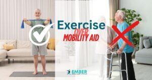 senior performing strength exercises instead of relying on a walker