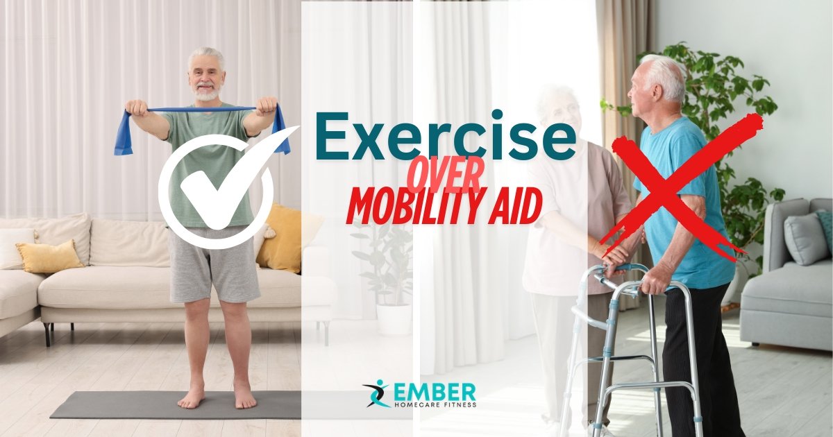 senior performing strength exercises instead of relying on a walker
