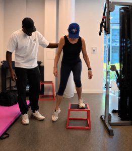 senior performing side step-ups for balance and leg strength