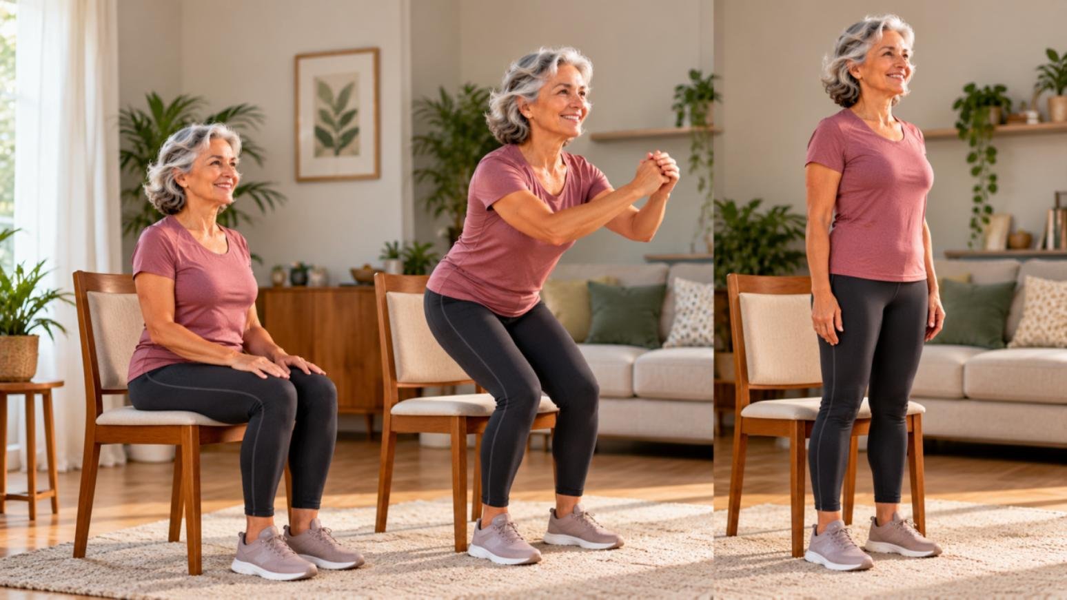 Muscle Loss After 60: 5 Signs Seniors Shouldn't Ignore 5 Senior woman performing a sit-to-stand chair squat with a personal trainer to improve leg strength and balance.