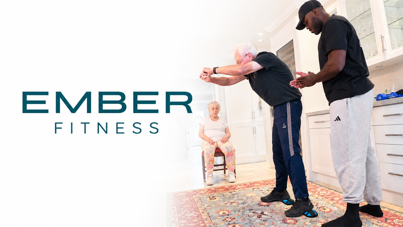 over 50 performing strength training exercises at home with a personal trainer
