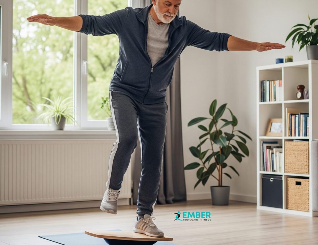 Older adult practicing balance training at home to prevent falls
