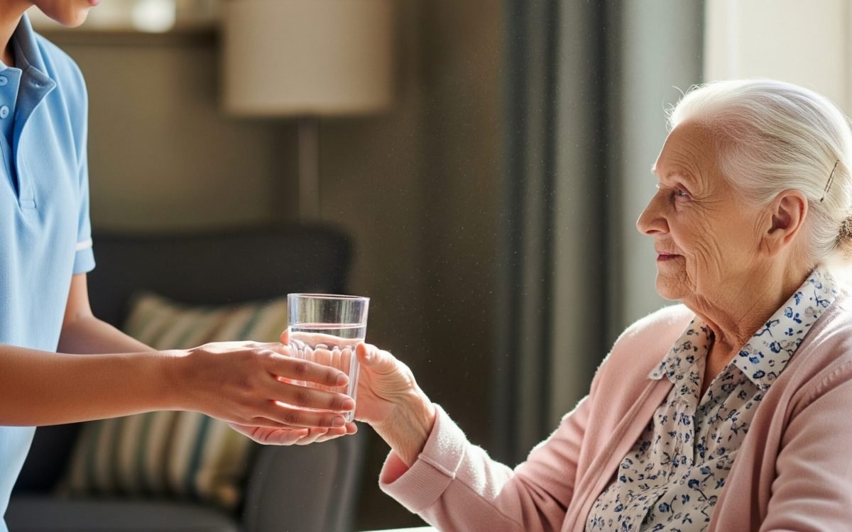 Caregiver handing a glass of water to a senior man