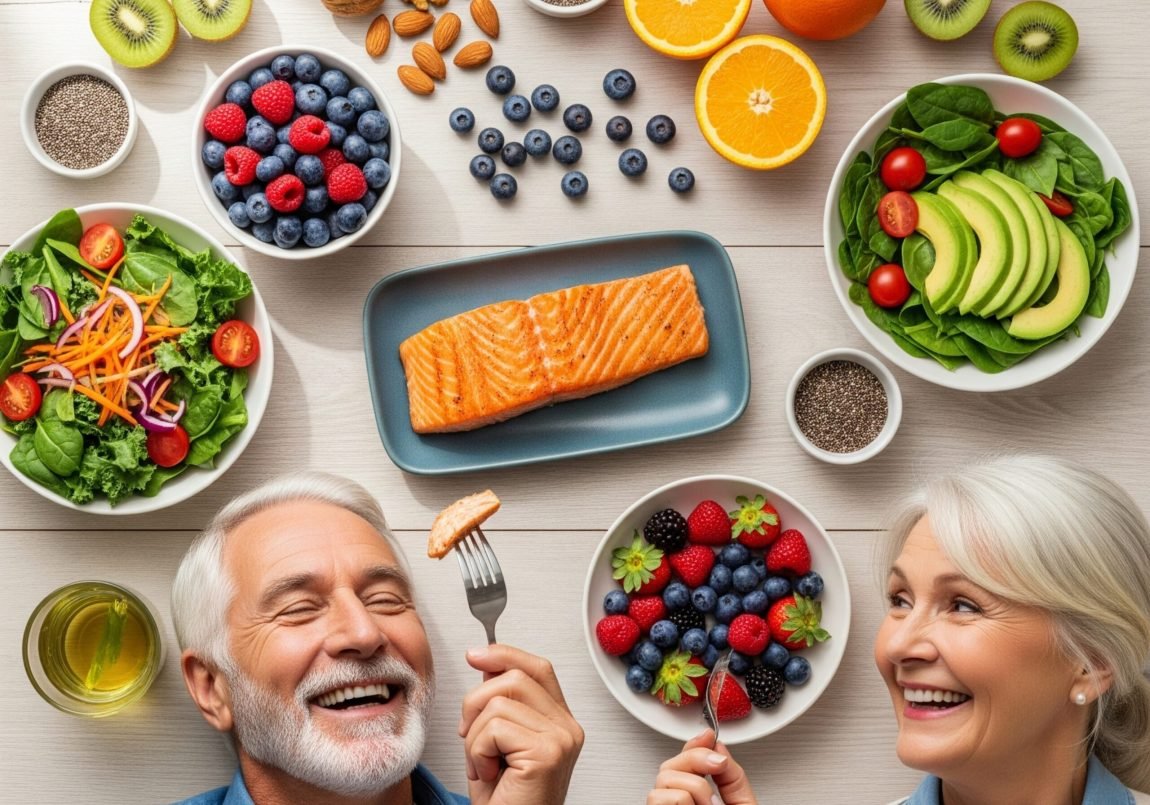 Assorted brain-boosting foods including nuts, berries, and salmon