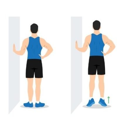 A vector illustration of a person standing, lifting their heels off the ground for a calf raise, while holding onto a chair.