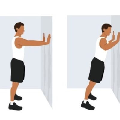 A vector illustration of a person performing a wall push-up, leaning towards the wall with bent elbows.