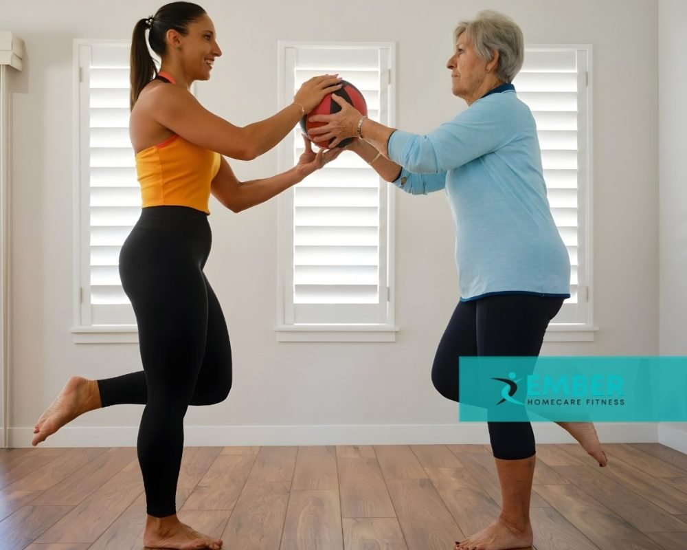 Senior woman exercising safely at home with personal trainer from Ember Fitness in Brampton